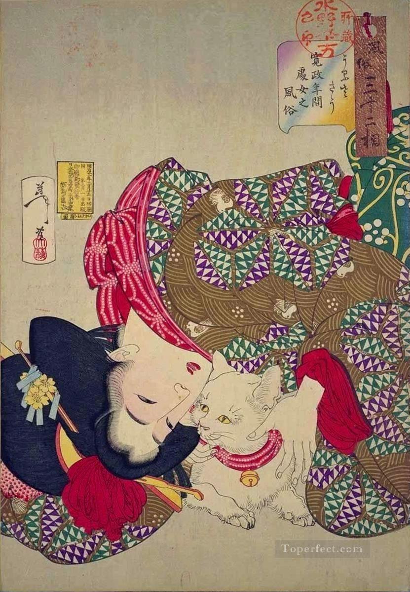 a young woman from kansei period playing with her cat Tsukioka Yoshitoshi beautiful women Oil Paintings